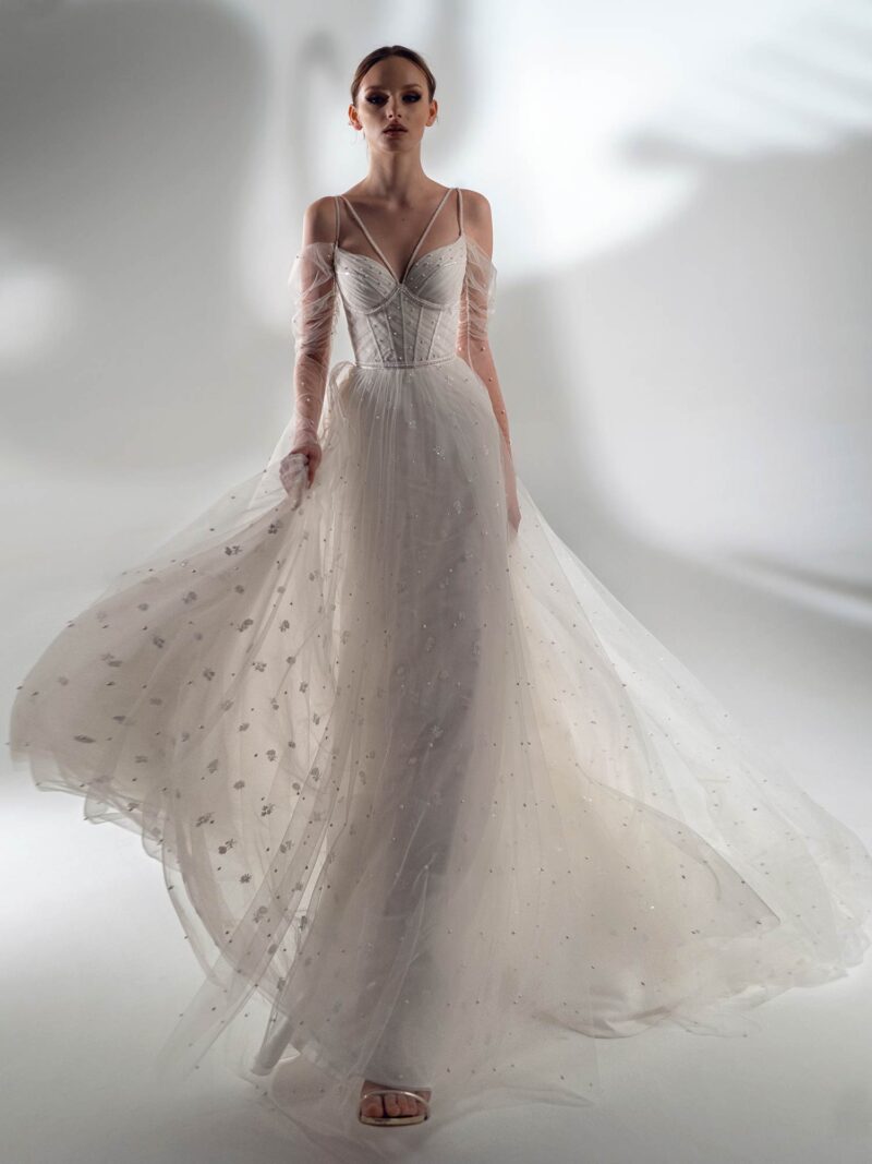 Off the shoulder sleeve A-line wedding dress with pearls