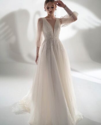 Puff sleeve A-line wedding dress with leaf embroidery