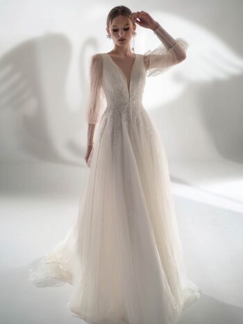 Puff sleeve A-line wedding dress with leaf embroidery