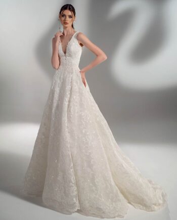 Sparkling lace ball gown wedding dress with V-neck