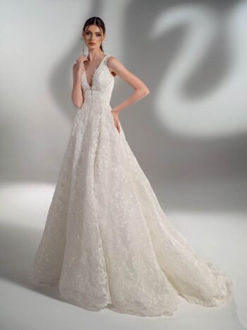 Sparkling lace ball gown wedding dress with V-neck