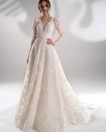 Sparkling lace ball gown wedding dress with long sleeves