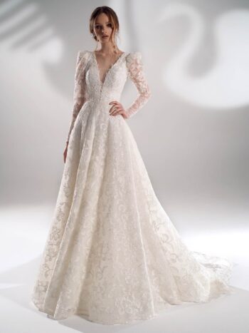 Sparkling lace ball gown wedding dress with long sleeves