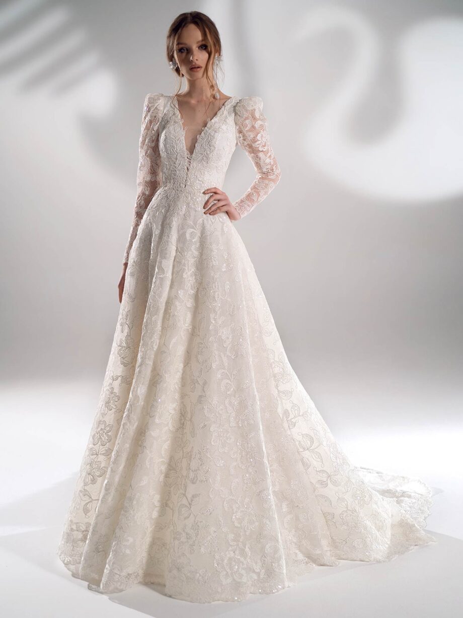 Sparkling lace ball gown wedding dress with long sleeves