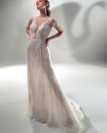 Sparkling sheath wedding dress with V-neck