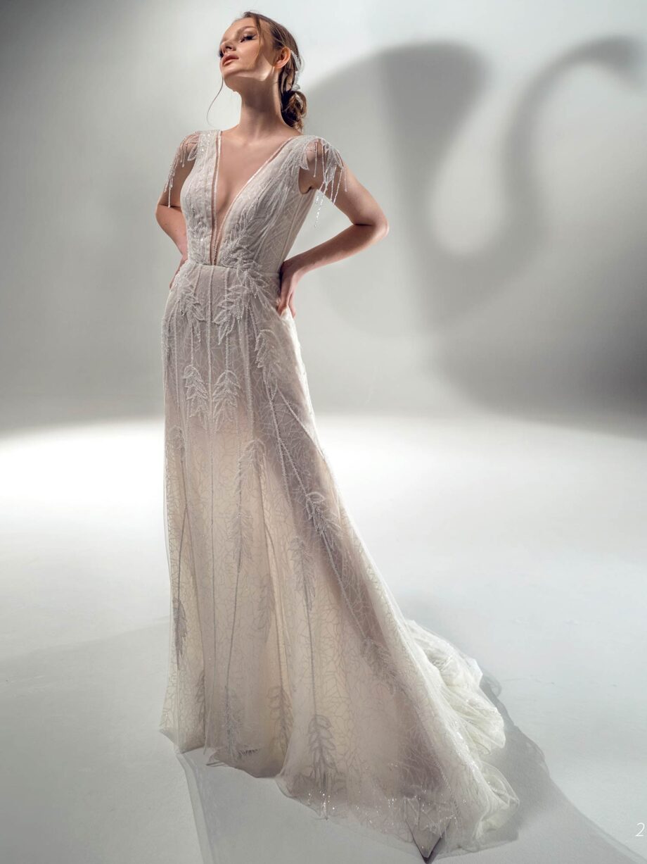 Sparkling sheath wedding dress with V-neck