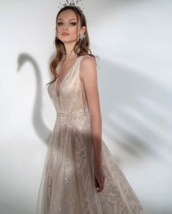 Sparkling A-line wedding dress with V-neckline