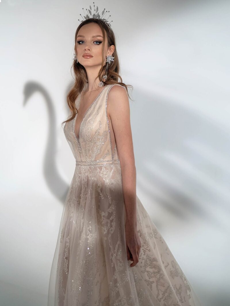 Sparkling A-line wedding dress with V-neckline