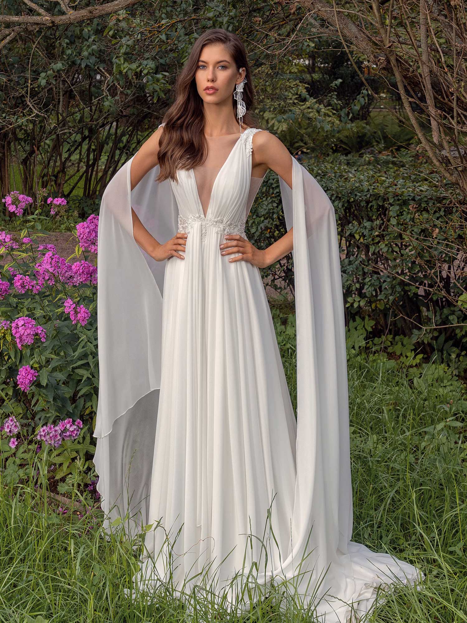 Plunging neckline chiffon wedding dress with detachable cape sleeves