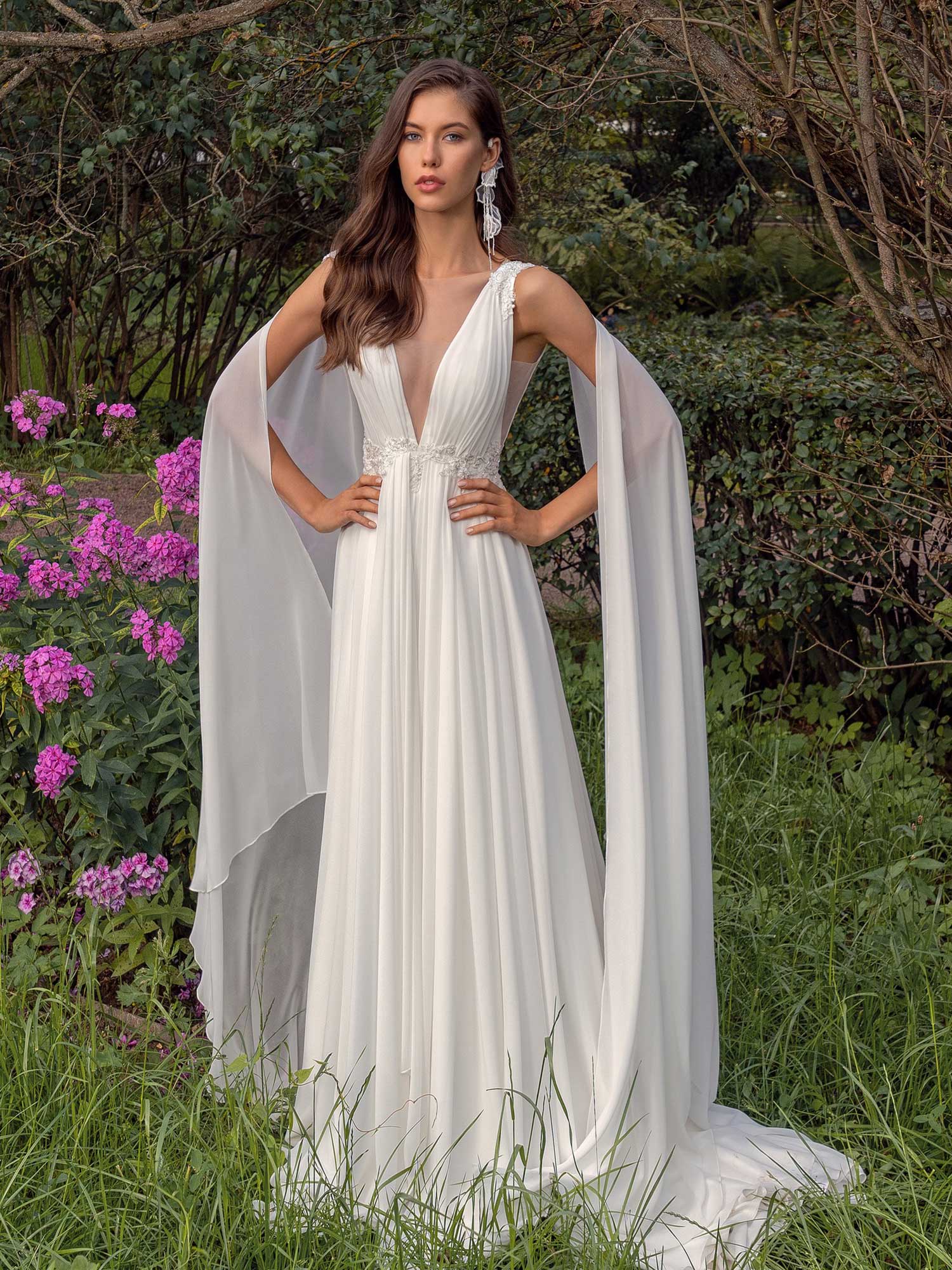 Plunging Neckline Chiffon Wedding Dress With Detachable Cape Sleeves And Open Back