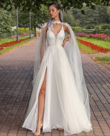 Spaghetti-strap A-line wedding dress with detachable cape