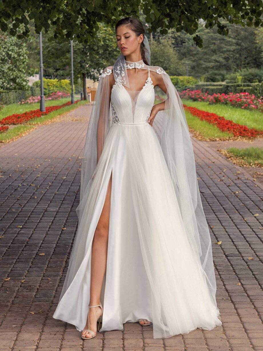 Spaghetti-strap A-line wedding dress with detachable cape