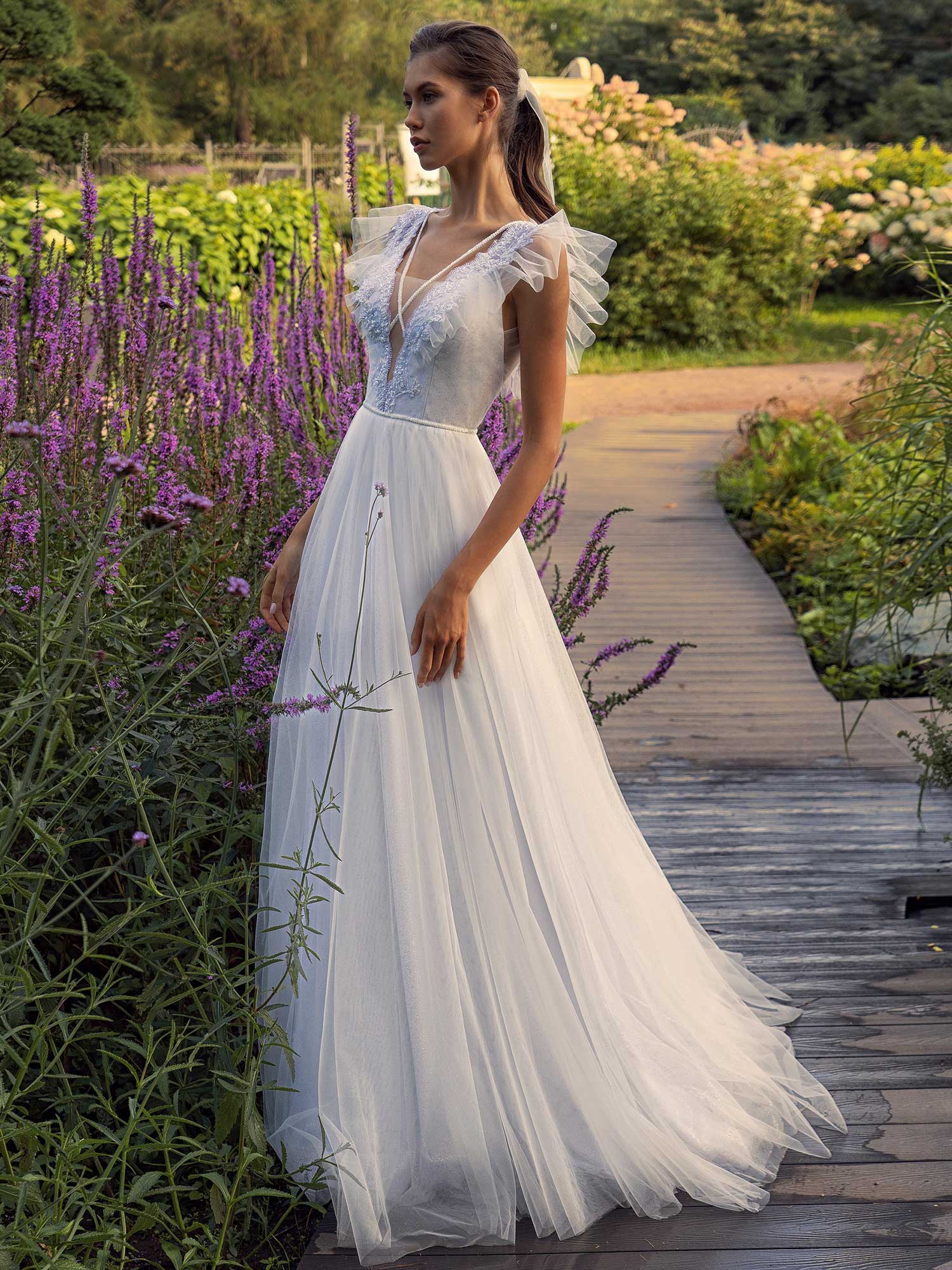 Glitter Tulle A line Wedding Dress With Ruffled Cap Sleeves And Open Back