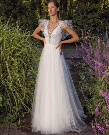 Glitter tulle A-line wedding dress with ruffled cap sleeves and open back