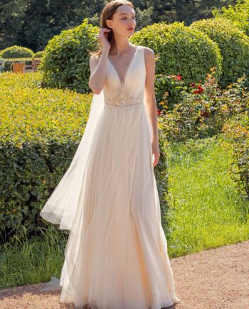 V-neck A-line wedding dress with removable cape sleeves