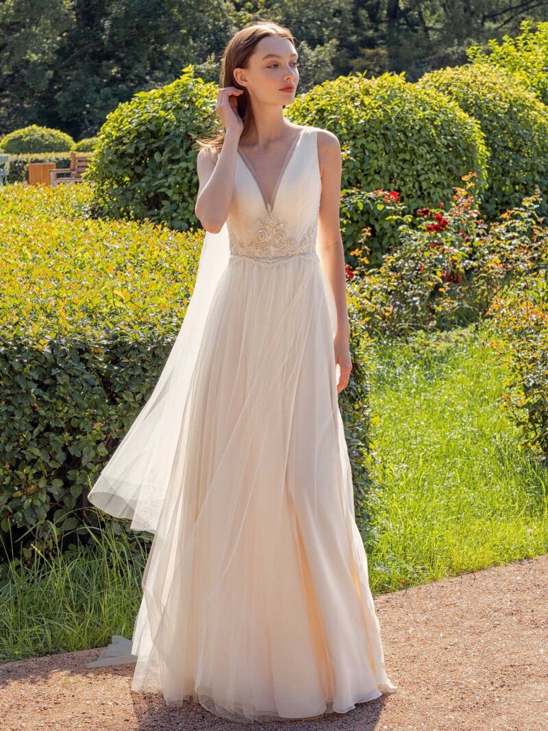 V-neck A-line wedding dress with removable cape sleeves