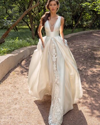 Mikado A-line wedding dress with V-neckline and side pockets