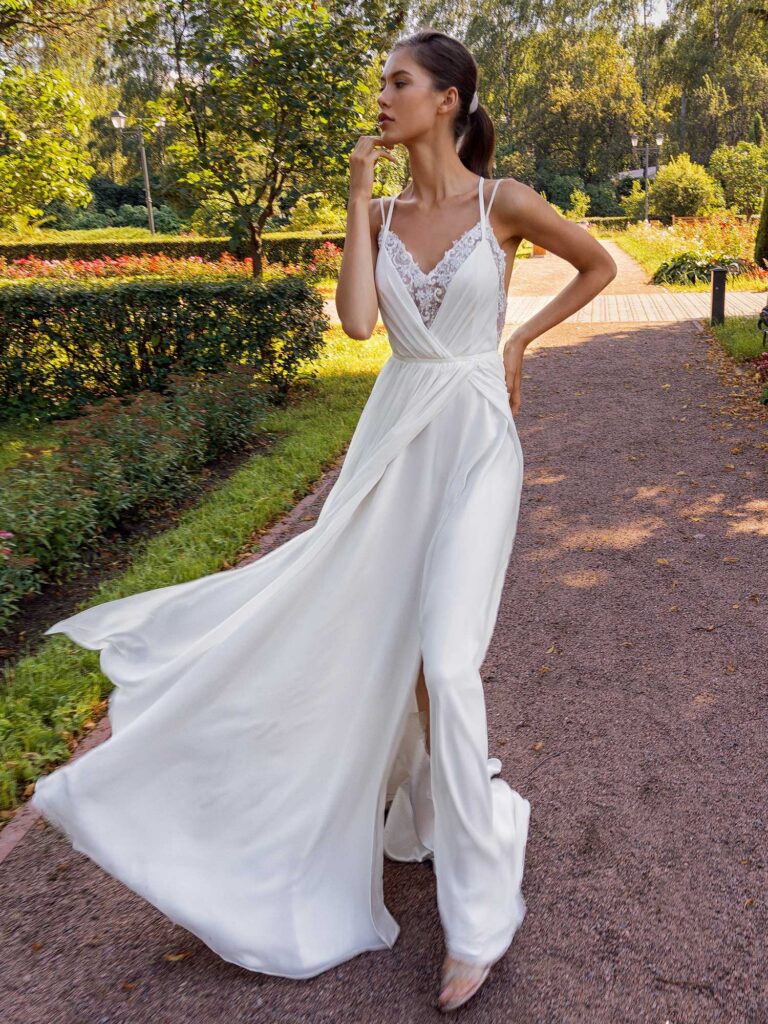 Spaghetti Strap Sheath Wedding Dress With Slit On The Skirt And Open Back 9541