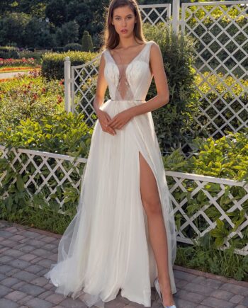 Sleeveless A-line wedding dress with a unique plunging neckline