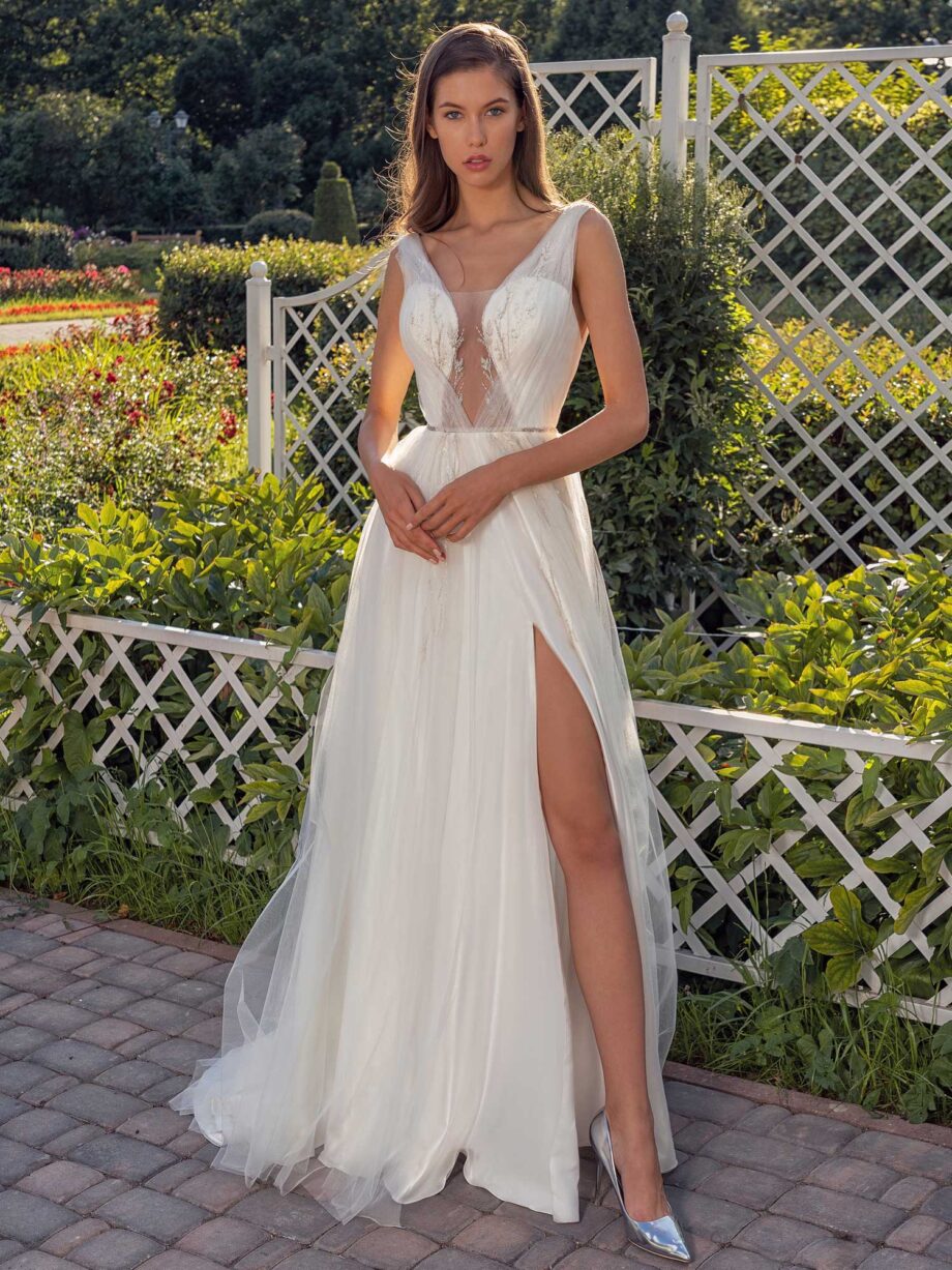 Sleeveless A-line wedding dress with a unique plunging neckline