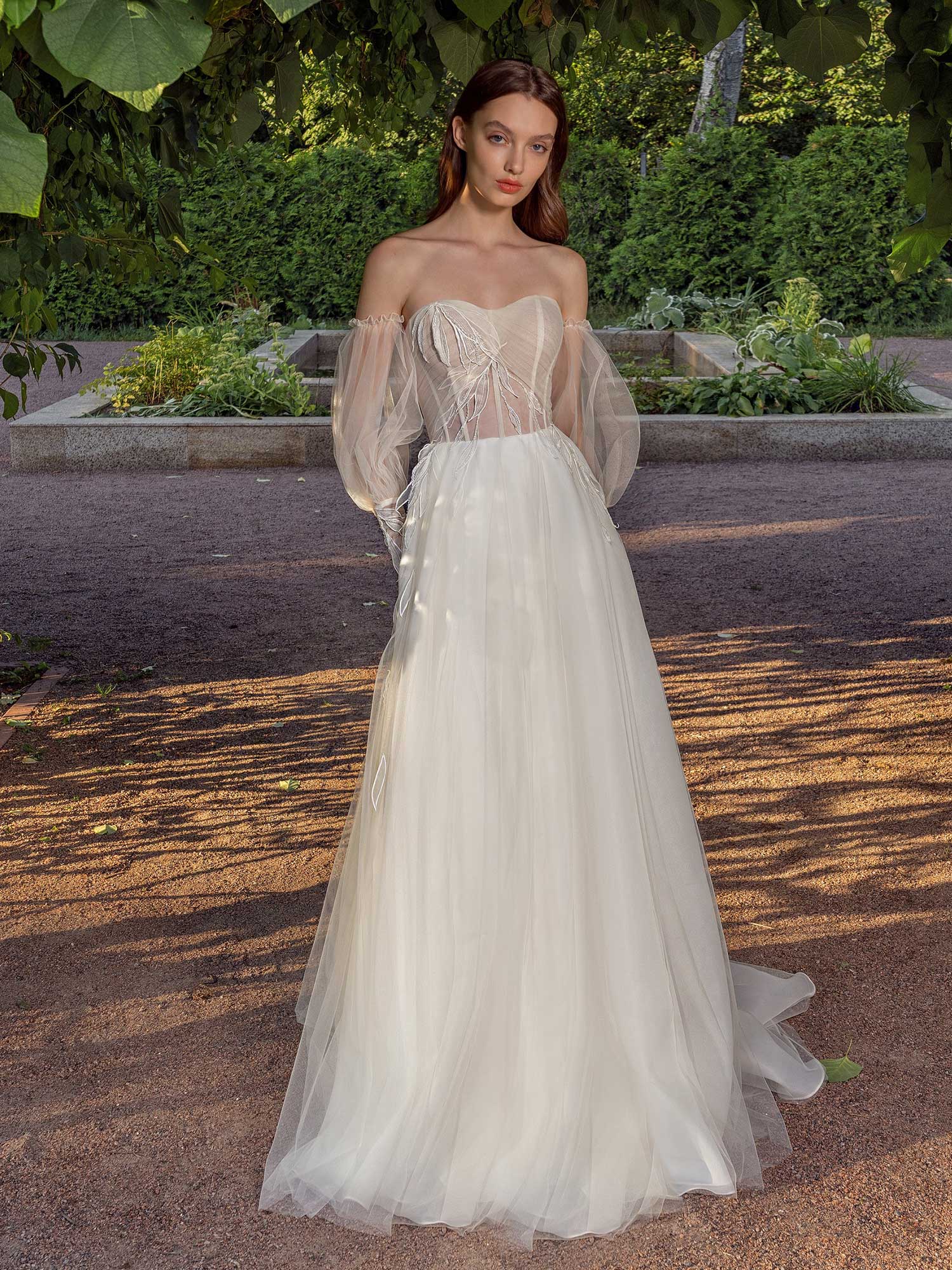 Modern Wedding Dress With Removable Sleeves & Overskirt