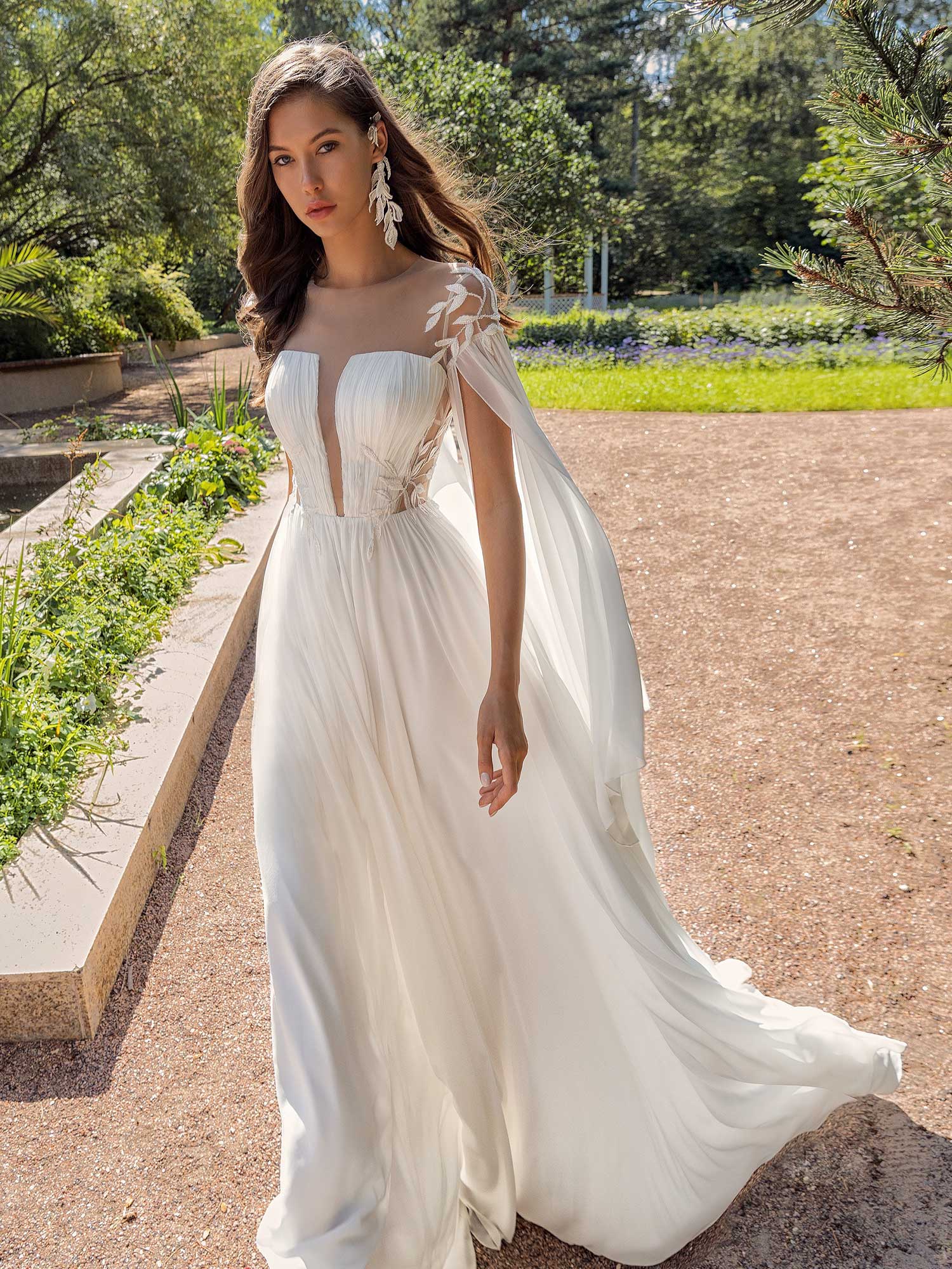 Chiffon sheath wedding dress with cape sleeves Unique