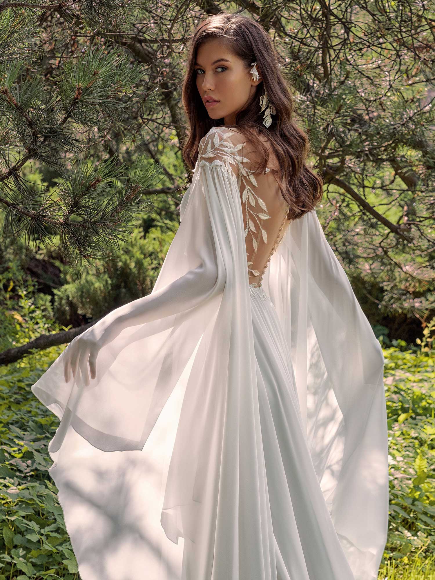 Chiffon sheath wedding dress with cape sleeves