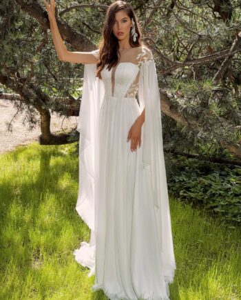 Chiffon sheath wedding dress with cape sleeves