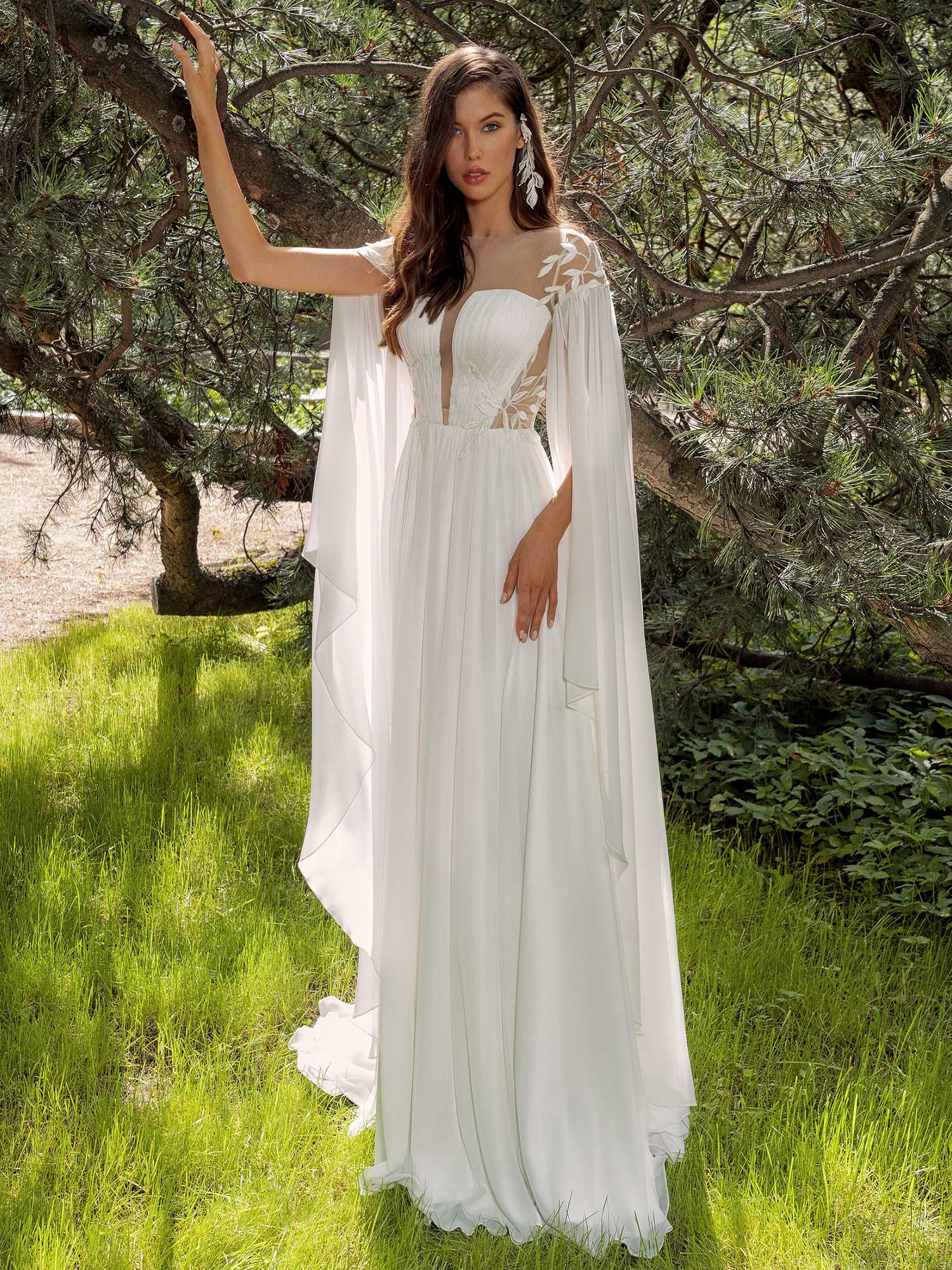 Chiffon sheath wedding dress with cape sleeves