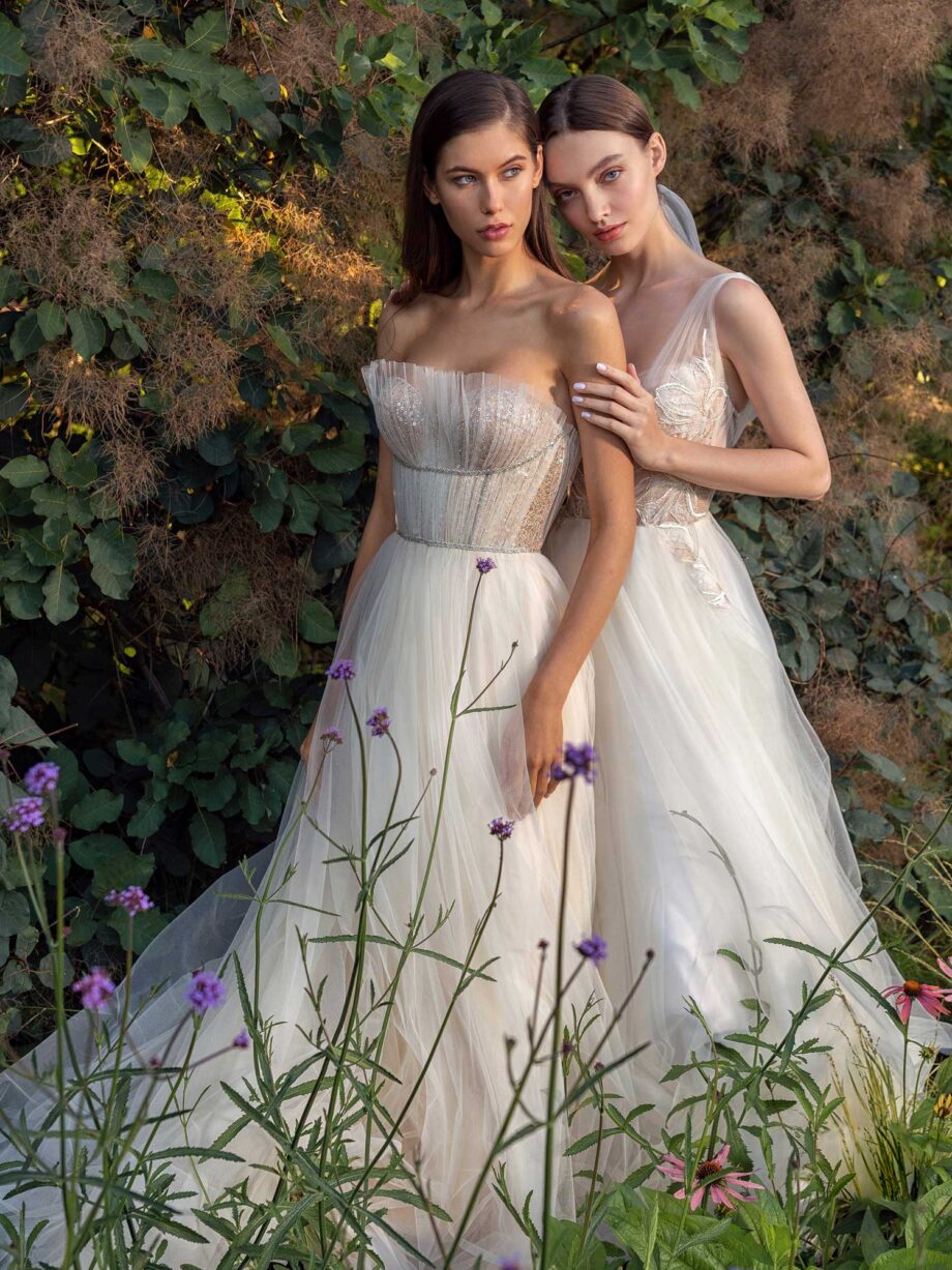 Strapless A-line wedding dress with frilled tulle neckline and sequined bodice