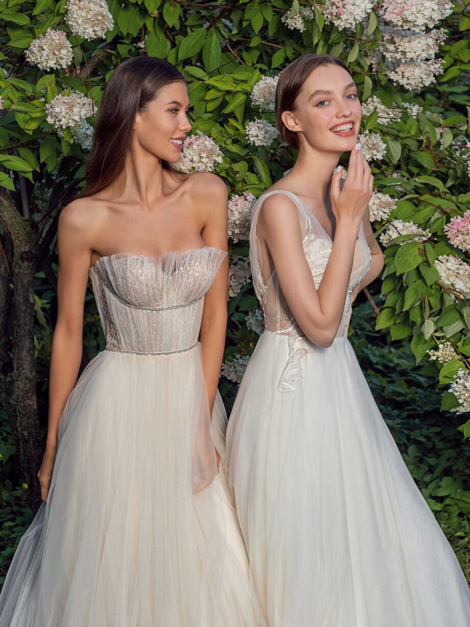 Strapless A-line wedding dress with frilled tulle neckline and sequined bodice