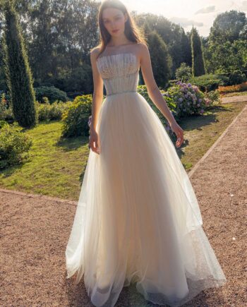 Strapless A-line wedding dress with frilled tulle neckline and sequined bodice