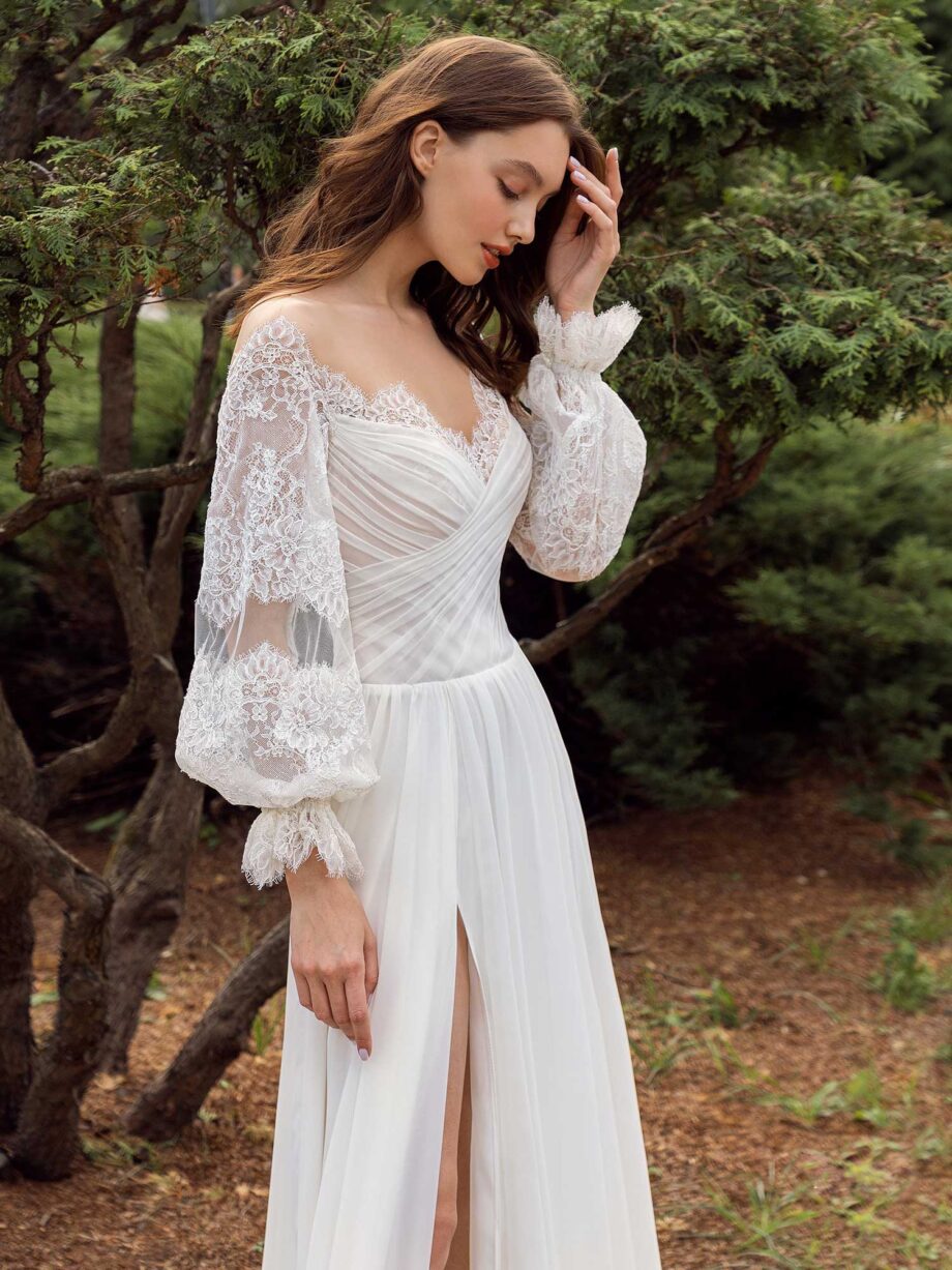 Off the shoulder sheath wedding dress with lace bishop style sleeves