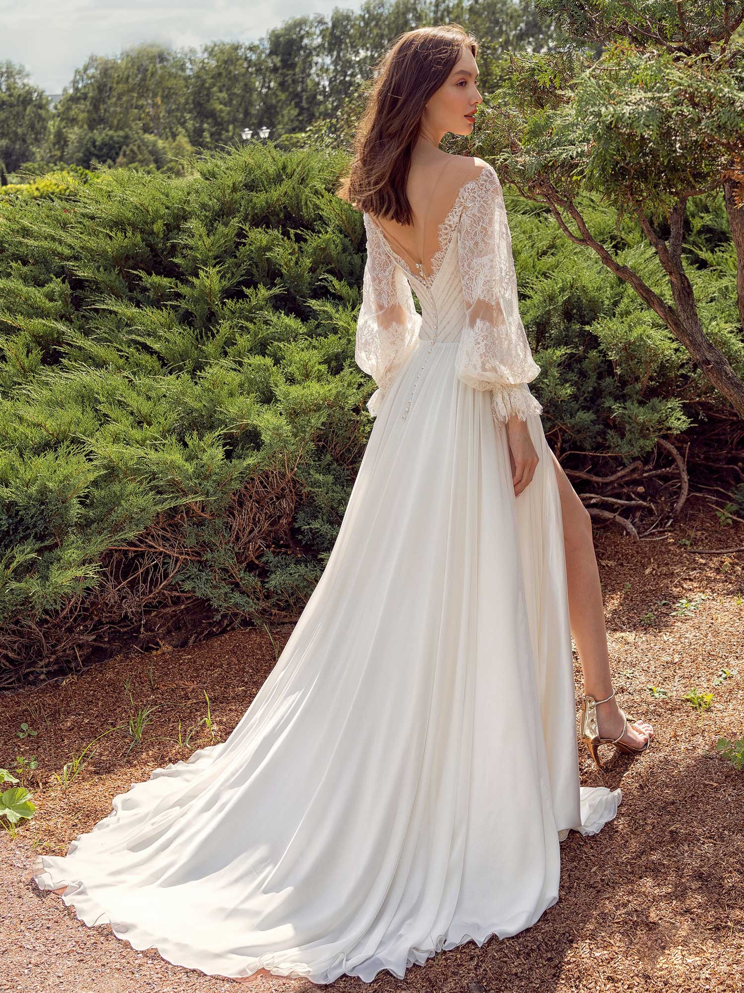 Off the shoulder sheath wedding dress with lace bishop style sleeves