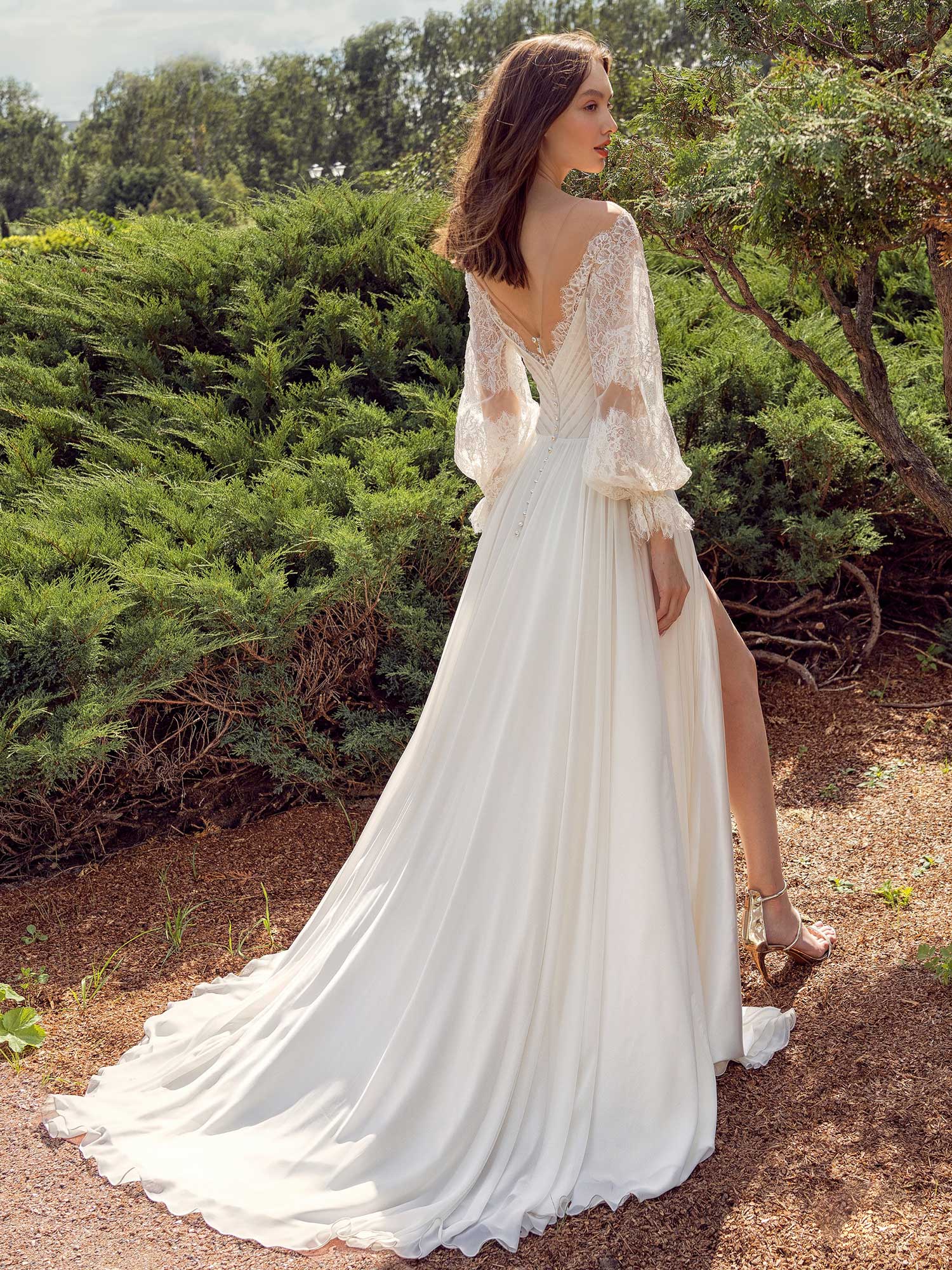 Off The Shoulder Sheath Wedding Dress With Lace Bishop Style Sleeves