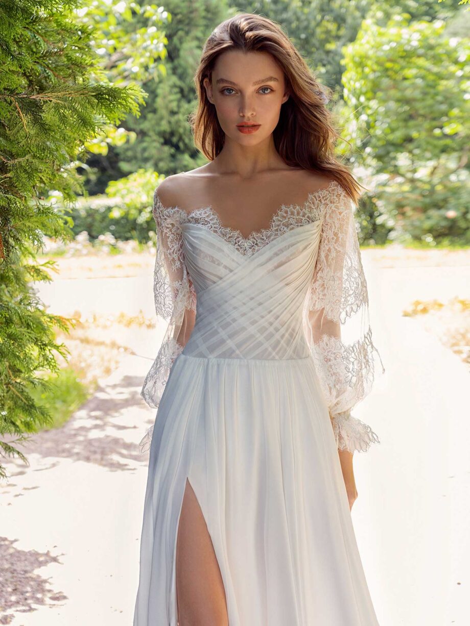 Off the shoulder sheath wedding dress with lace bishop style sleeves