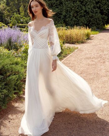 Off the shoulder sheath wedding dress with lace bishop style sleeves