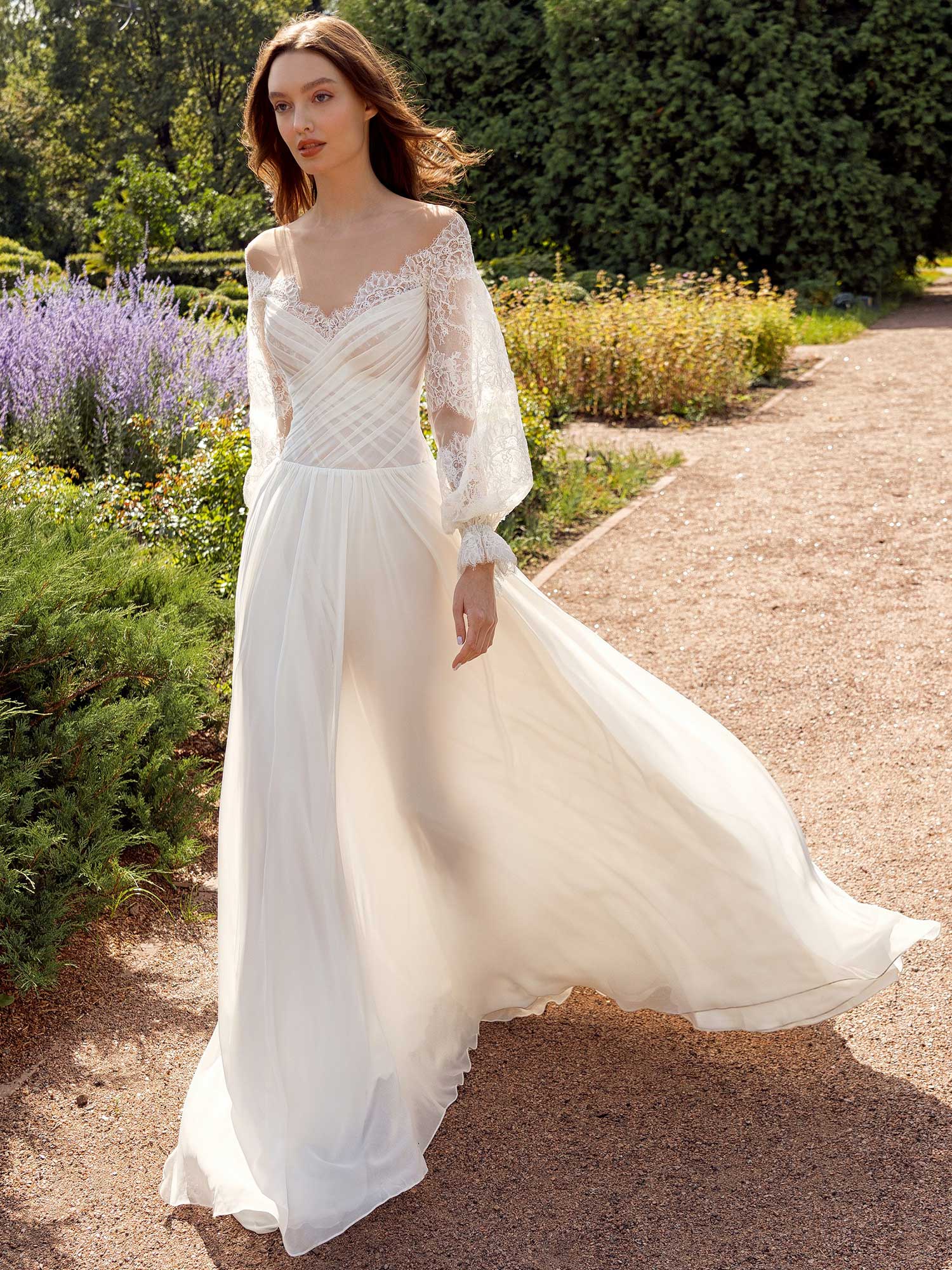 Off the shoulder sheath wedding dress with lace bishop style sleeves