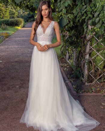 A-line wedding dress with a deep V-neckline lace bodice and illusion back