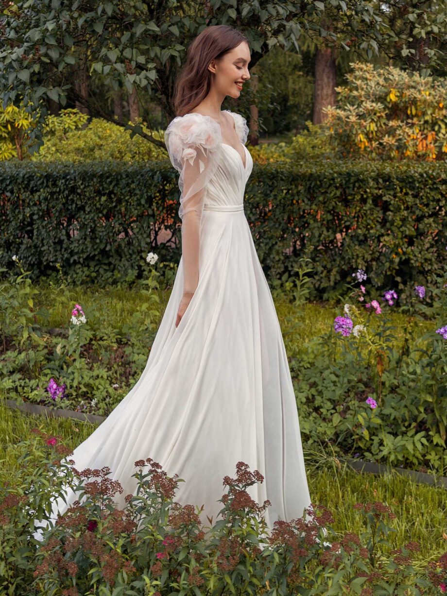 Long-sleeve sheath wedding dress with extended shoulders