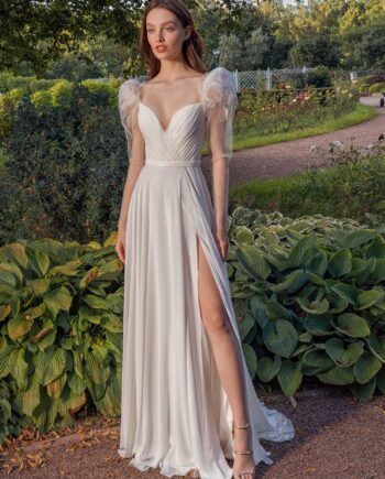 Long-sleeve sheath wedding dress with extended shoulders