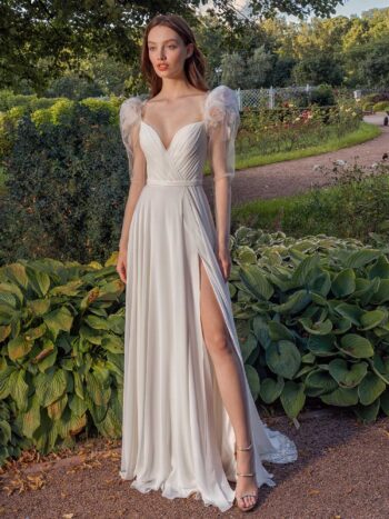 Long-sleeve sheath wedding dress with extended shoulders