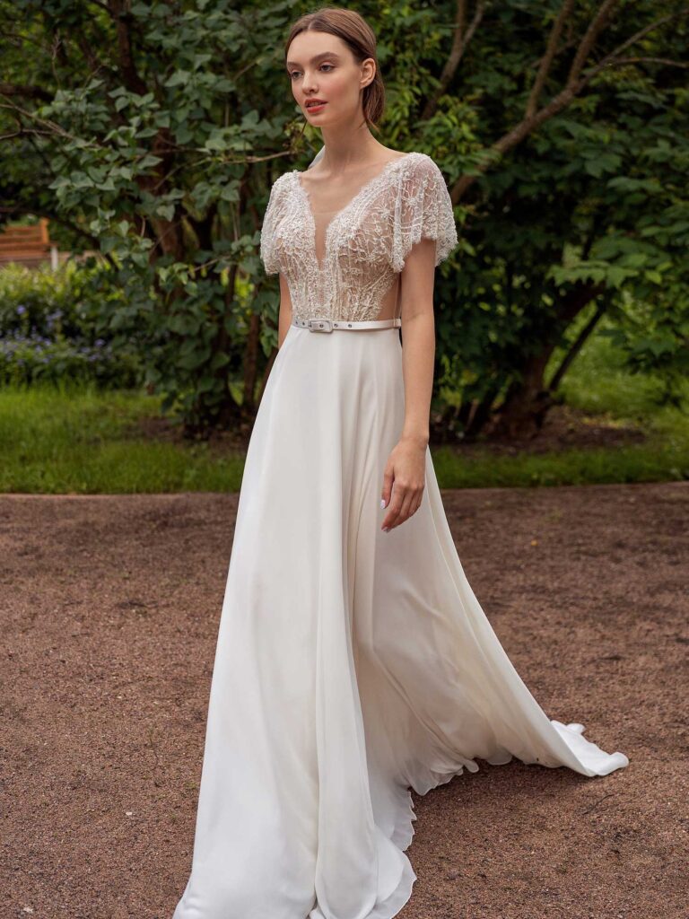 Cap sleeve sheath wedding dress with lace top and chiffon skirt