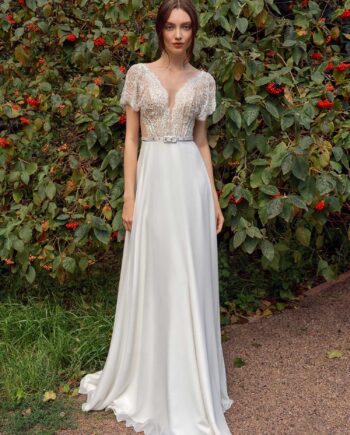 Cap sleeve sheath wedding dress with lace top and chiffon skirt