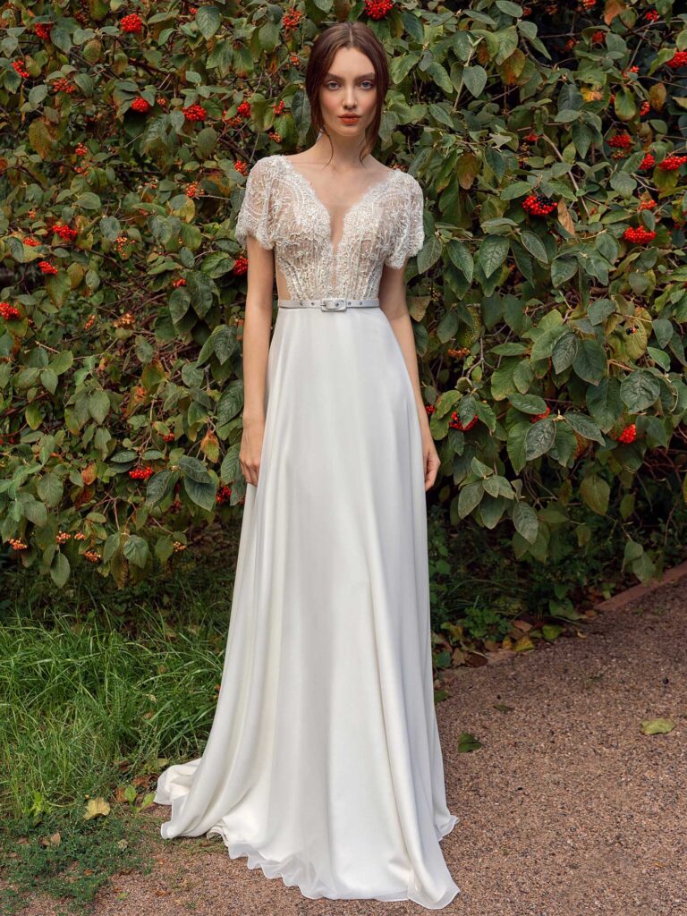 Cap sleeve sheath wedding dress with lace top and chiffon skirt