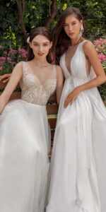 A-line wedding dress with bustier style corset, floral decor and pockets