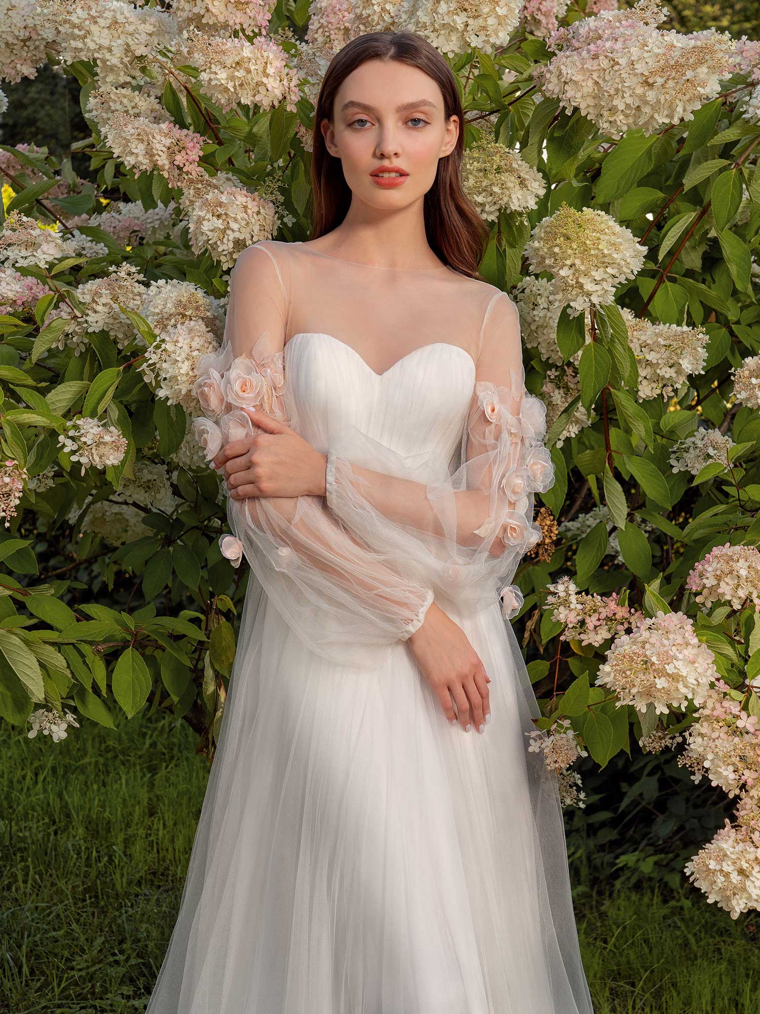 Tulle A-line wedding dress with floral sleeves