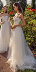 Bustier style A-line wedding dress with pearl waistline