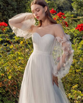 Tulle A-line wedding dress with floral sleeves