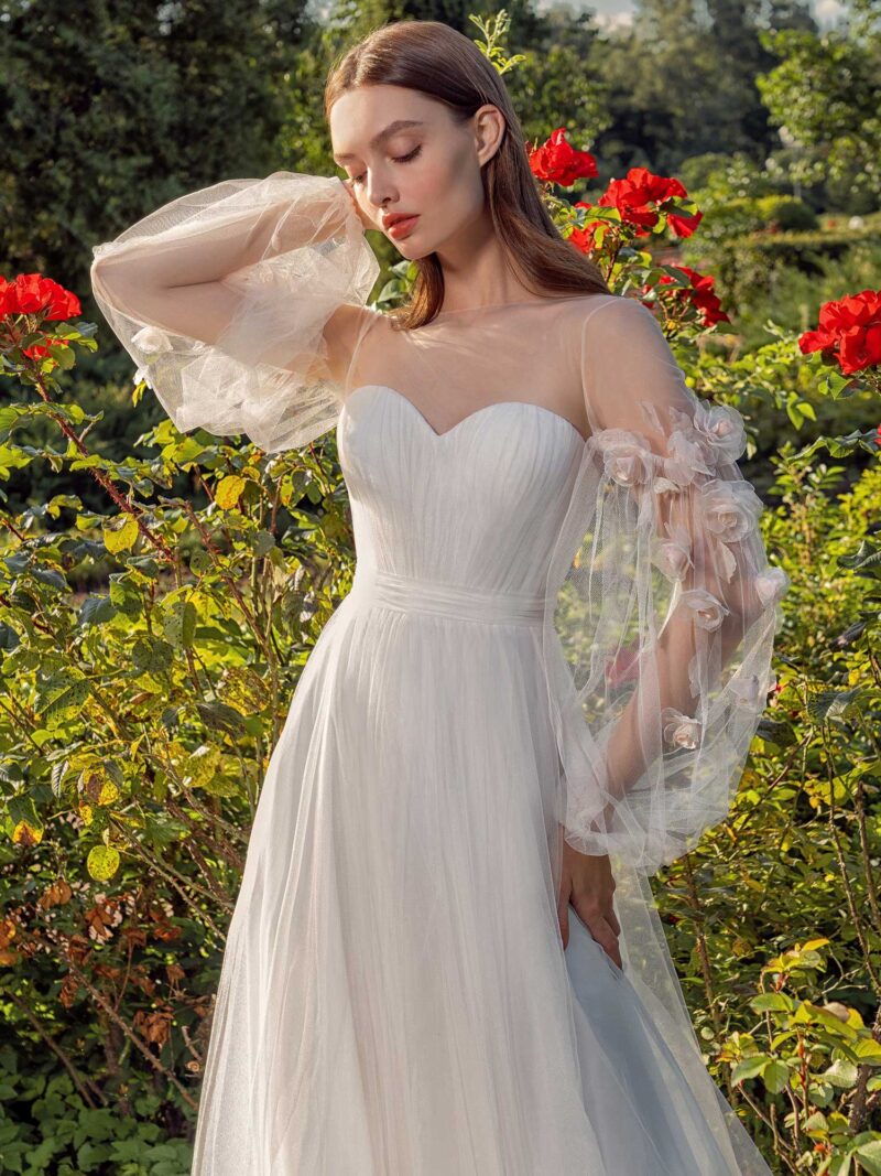Tulle A-line wedding dress with floral sleeves